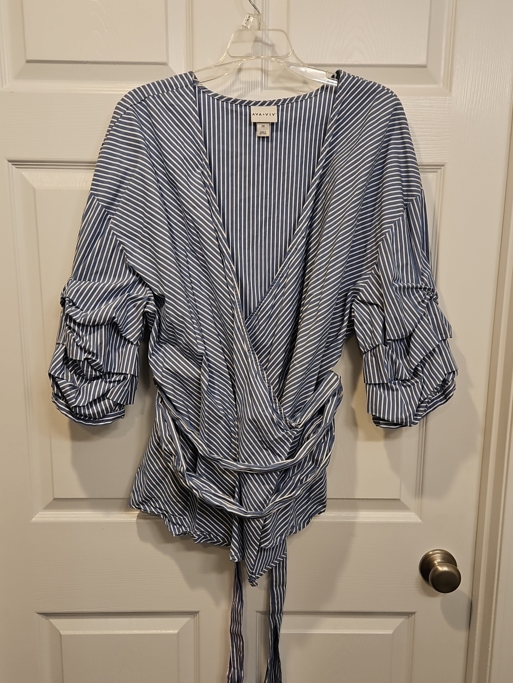 Ava & Viv Blue and White Striped Wrap Blouse